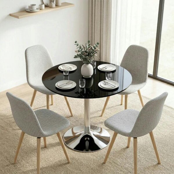 Round Bar Table, Modern Dining Table with Tempered Glass Top and Steel Frame for 4, 80 x 80 x 77cm, Black