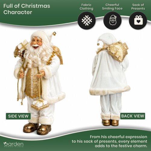 Standing Father Christmas Figure with Sack of Presents, White Santa Style Decoration, Free Standing Festive Ornament, 60cm Tall
