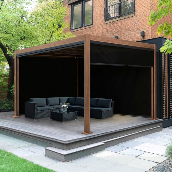 Wood effect aluminium pergola with blinds, 3m x 3m, featuring a sleek design, dark fabric, and modern outdoor seating area