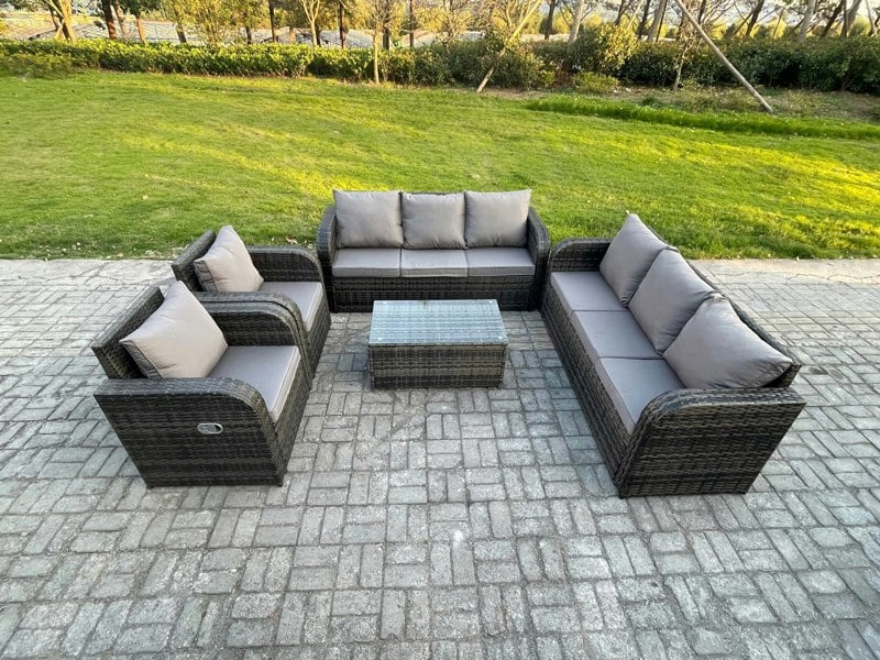 Fimous Rattan Outdoor Garden Furniture Sofa Set Patio Table & Chairs Set with 3 Seater Sofa Reclining Chair Dark Grey Mixed