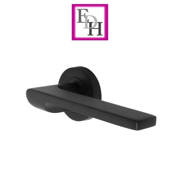 EDH Door Hardware Modern Matt Black Lever on Rose Plate Door Handle Set – 4Pairs, 52mm Round Rose Plate & 127mm Lever Handle