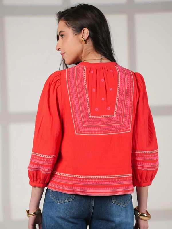 Rose & Nancy Florence Coral Red Embroidered Easy Throw-On Jacket