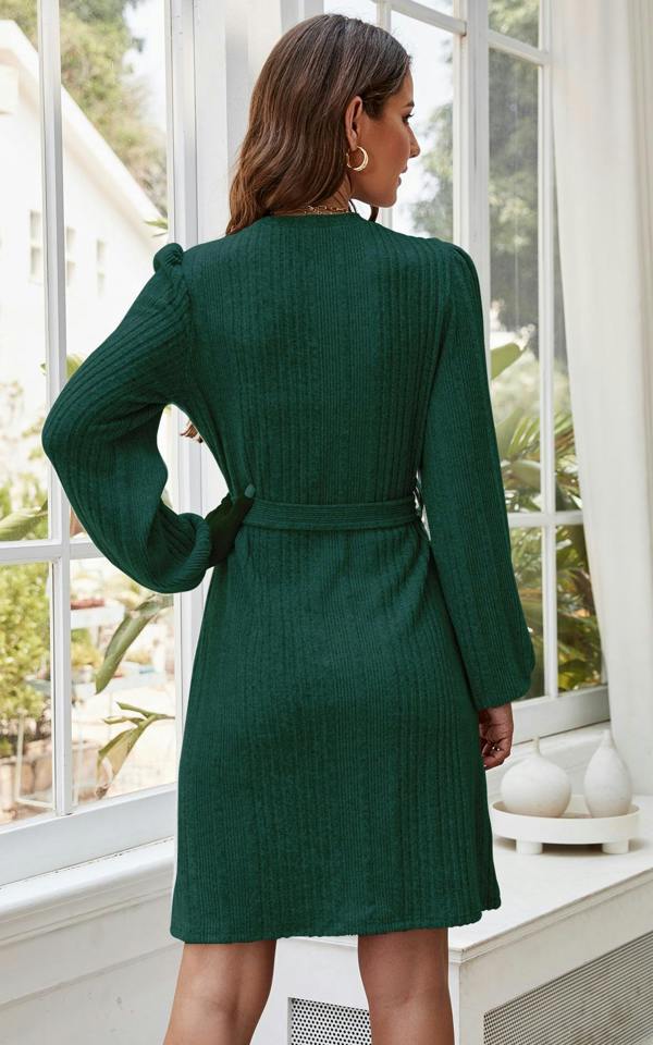 FS Collection Cozy Soft Long Sleeve Kint Mini Dress In Dark Green