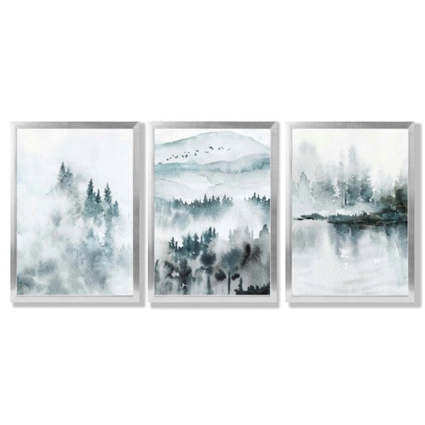 Artze Wall Art Teal Blue Abstract Forest Lake Set of 3 Framed Wall Art