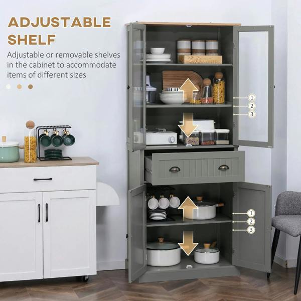 Grey kitchen pantry cabinet with adjustable shelves and open storage drawers