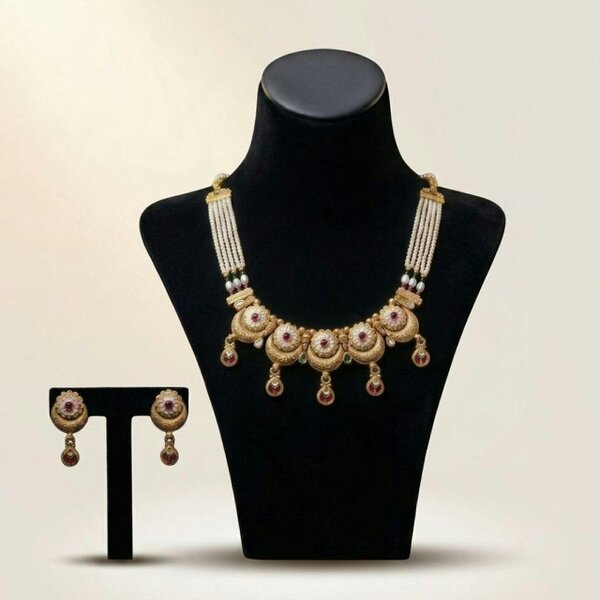 The Colourful Aura Gold Meenakari Disc Choker Necklace Set with Pearl Chain and Earrings
