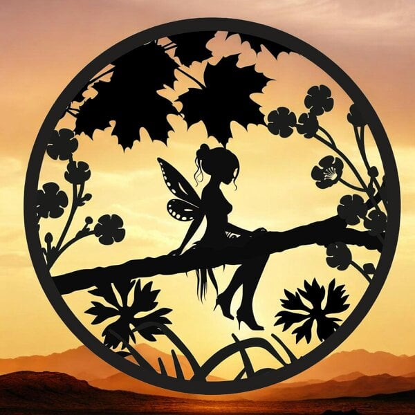 EDH Door Hardware Fairy Silhouette Solar Backlit Wall Art – 50 x 50 CM | Solar-Powered Metal LED Wall Décor for Indoor & Outdoor |  Garden Art