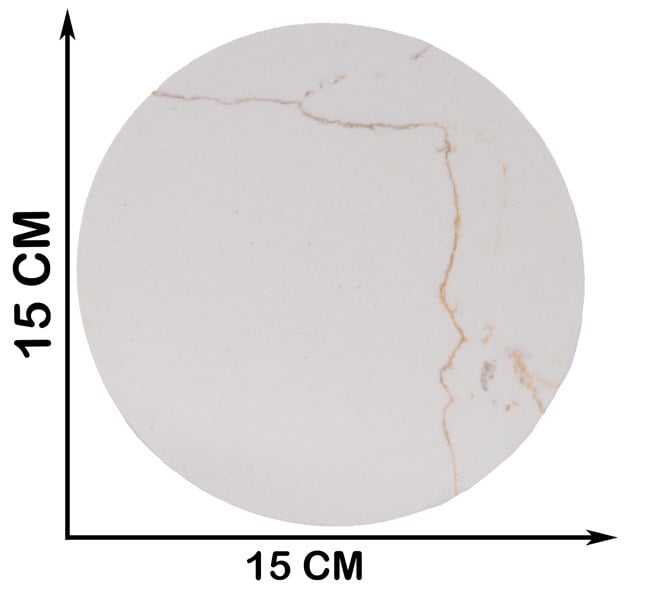 Round marble coaster with dimensions labeled on a white background
