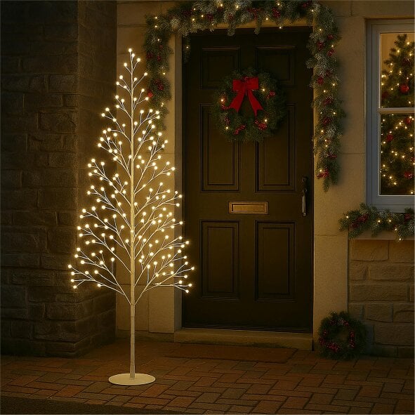 Scotts of Stow Xmas Haus PreLit BirchStyle Tree with Ball Diffuser LEDs  8 Lighting Modes Available in 5 Sizes
