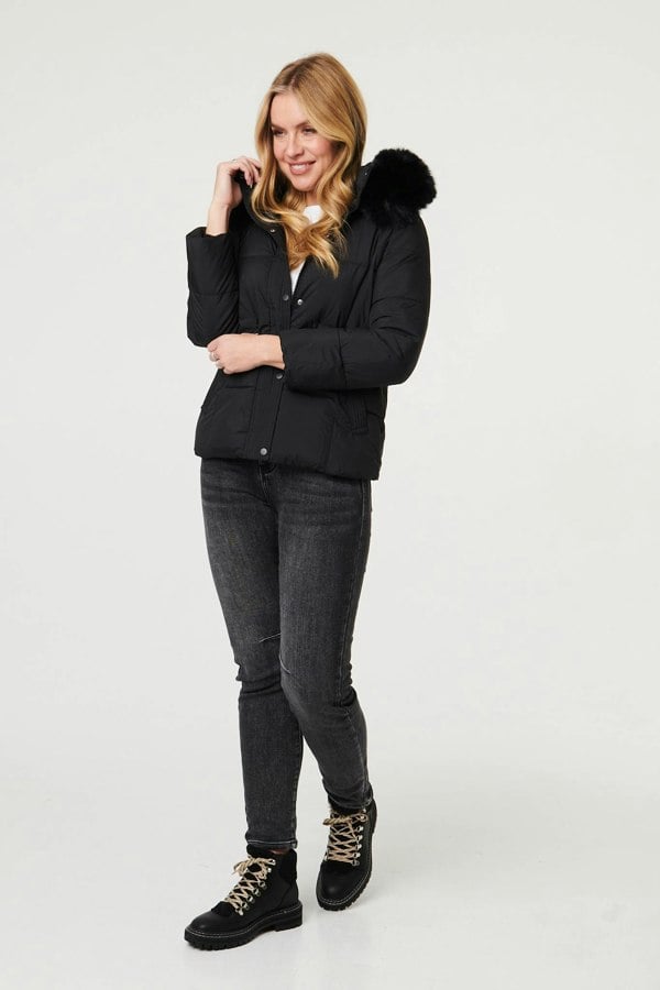 Black | Faux Fur Trim Hood Puffer Jacket
