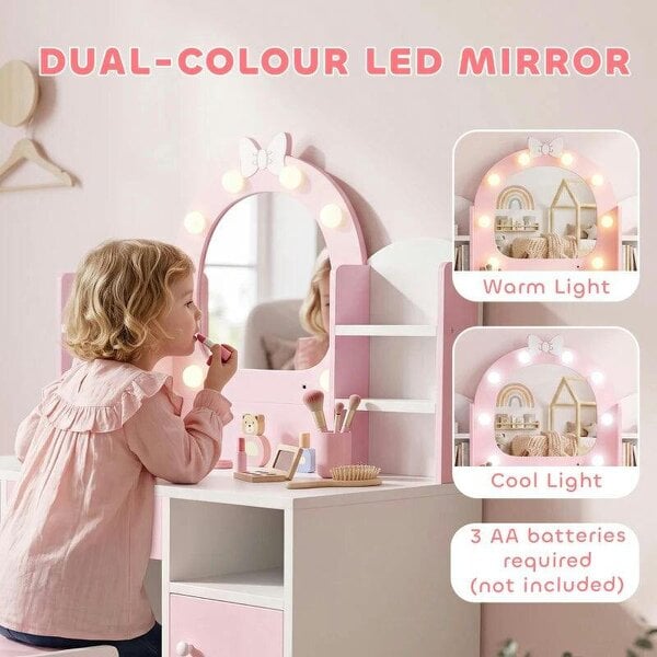 Kids Vanity Set, Kids Dressing Table with Stool, 2-Colour Lights Mirror, Cabinet, Drawer and Shelves, Pink