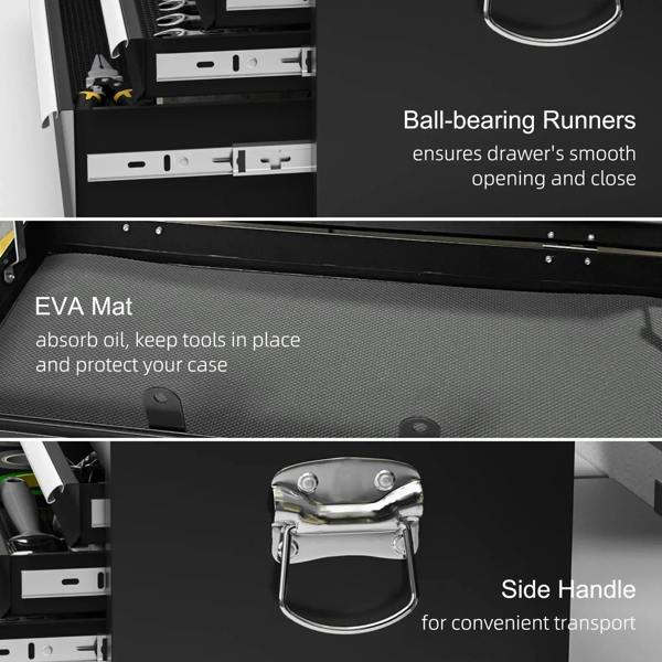 Open black tool chest showing drawer slides, textured EVA mat, and side carry handle