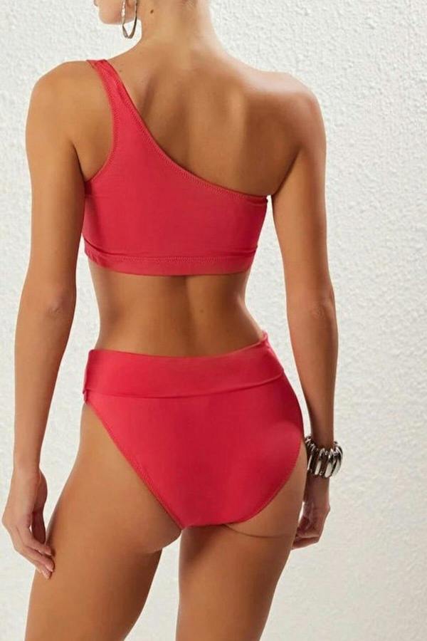 WOVCOR One-Shoulder Covered Hipster High-Waisted Bikini Set