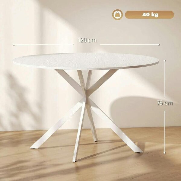 Dining Table for 4, 120 cm Industrial Kitchen Table with Wood Effect Tabletop and Steel Legs, White