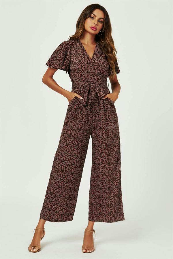 FS Collection Leopard Print Wrap Top Jumpsuit In Rusty