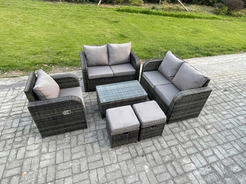 Fimous High Back Rattan Garden Lounge Set - Dark Grey Mixed Patio Sofa with Loveseat, Rectangular Coffee Table & 2 Small Footstools