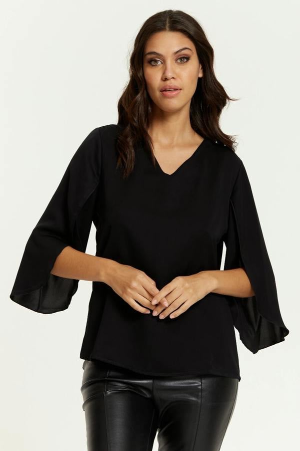 Hoxton Gal Oversized V Neck Top with Split Sleeves in Black