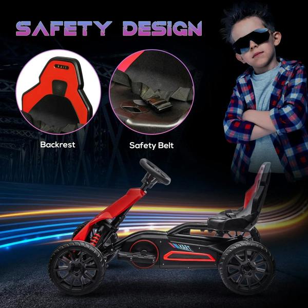 Red electric go-kart for kids with backrest and seat belt area, side profile