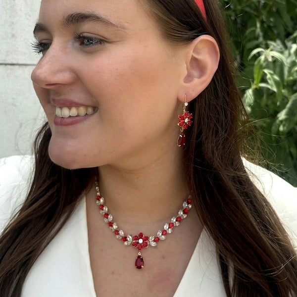 Red crystal flower necklace, matching drop earrings, floral cluster design, teardrop pendant detail, sparkling rhinestone accents, bold statement jewellery set, elegant vintage inspired style
