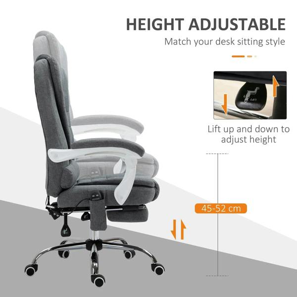 Grey height-adjustable ergonomic chair with high back, armrests, and retractable footrest