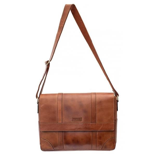 Detail of adjustable padded shoulder strap on Brown leather messenger bag
