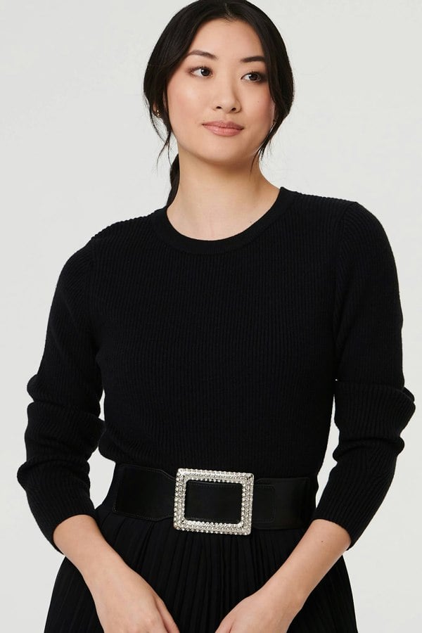 Black | Diamante Buckle Stretch Wide Belt

