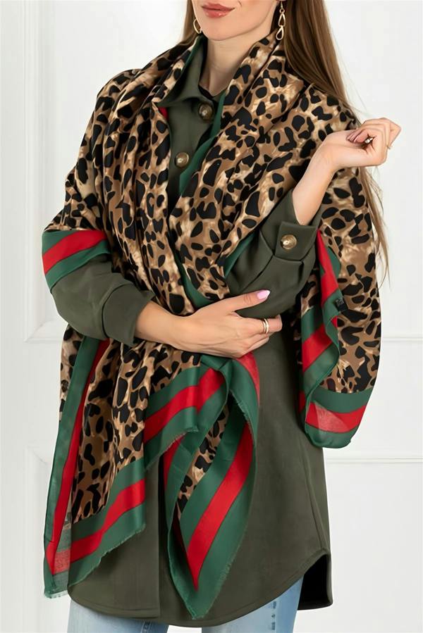 FS Collection Leopard & Strip Print Fringed edges Scarf In Green & Red