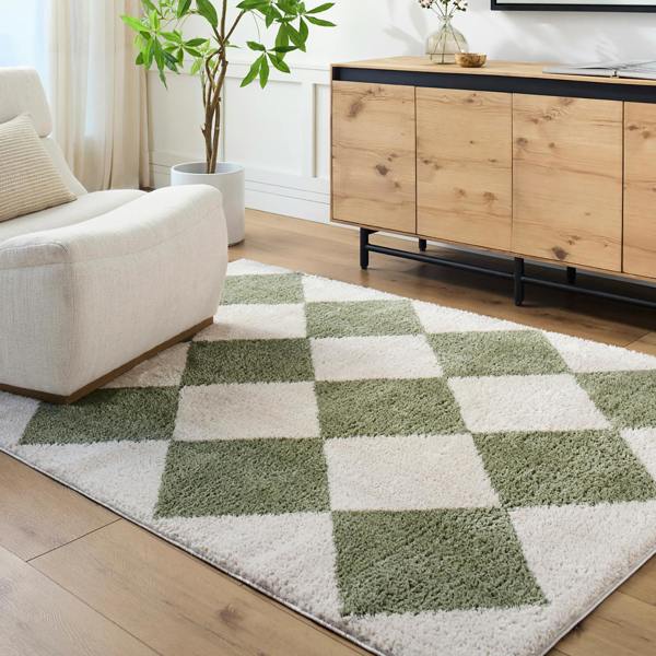Livabliss Fossay Shag-Washable Beige Green High Pile Diamond Rug