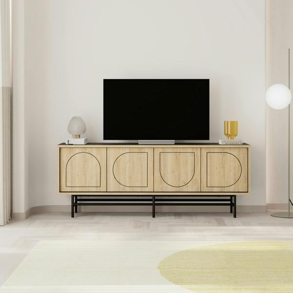 Decortie Modern TV Stand & Cabinet with 4 Doors, Laser-Cut Design, Fits up to 58-Inch TVs, Soft-Close Metal Legs, Oak-Moss Green