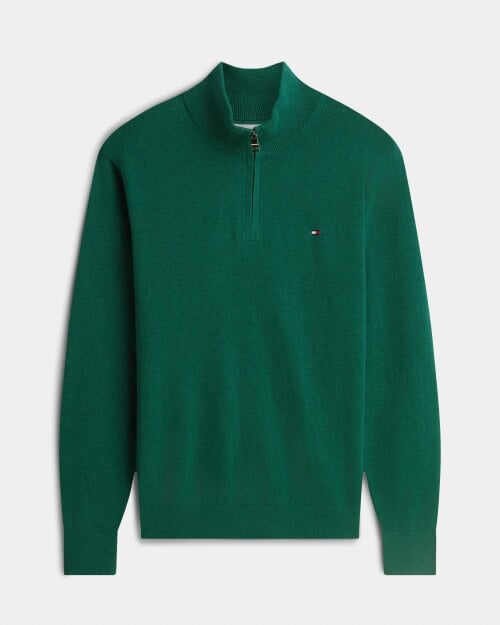 Tommy Hilfiger Organic Cotton Cashmere Mens Zip-Mock Sweater - Ornamental Green Heather