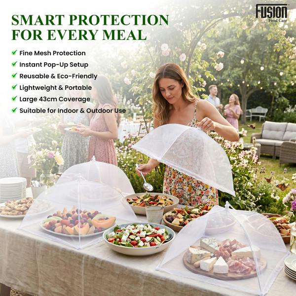 Fusion Food Care Food Covers Mesh Pop Up 4 Pack - 17" Food Umbrella Netting Covers - Foldable & Reusable Plates, Dish & Bowls Mesh Cover