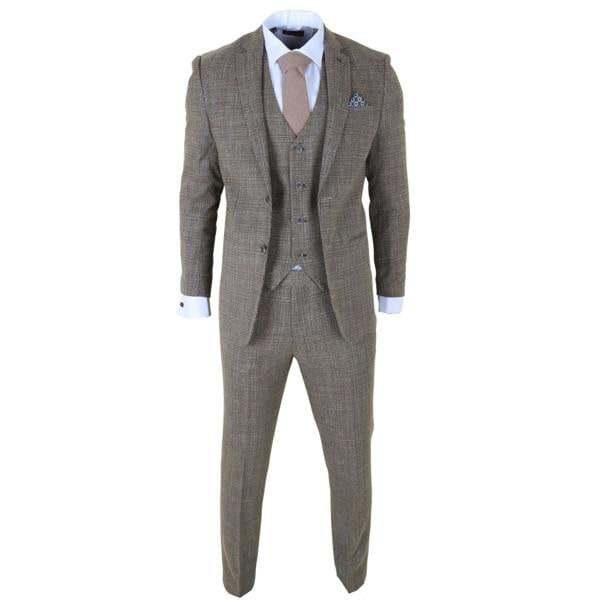 Infinity Leather Men's 3-Piece Brown Classic Check Suit Slim Fit Plaid Formal Party Suit