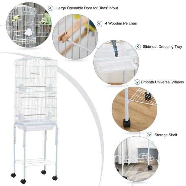 White bird cage with slide-out tray, storage shelf, wooden perches, and wheels