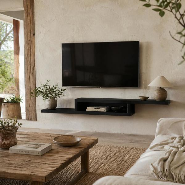 Wyld Haus Mika Mael 152cm Wooden Black Wall Mounted Floating TV Unit With Open Shelving And Cable Ports