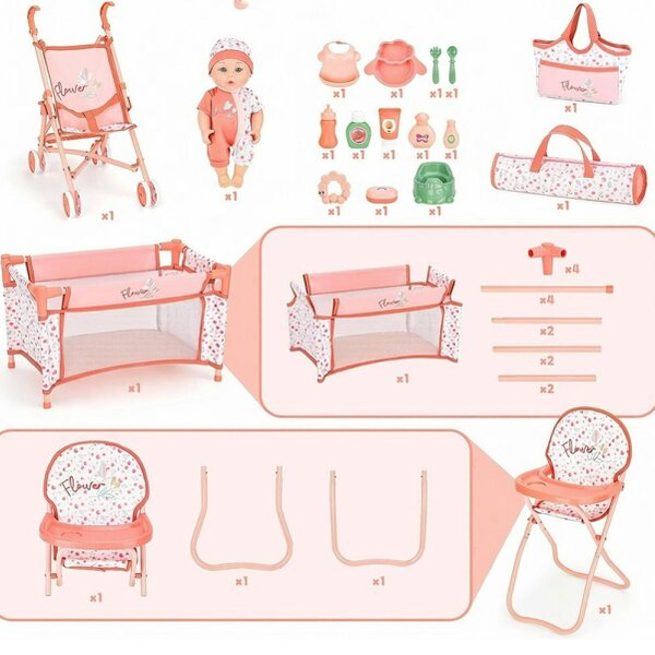 deAO Baby Doll Stroller Nursery Playset with 12" Doll, Crib, High Chair & Accessories (Ages 3+)