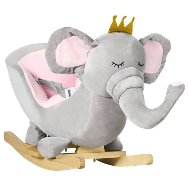 Grey elephant rocking horse with crown, pink inner ears, plush body and wooden base