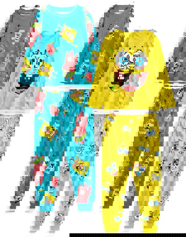 SpongeBob SquarePants Unisex Kids Multicoloured Big Face And AOP Multi-Pack of 2 Long Sleeve Long Leg Pyjama Set