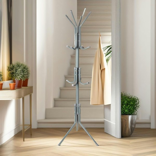 Rafaelo Mobilia Metal Coat Stand With 12 Hooks Grey