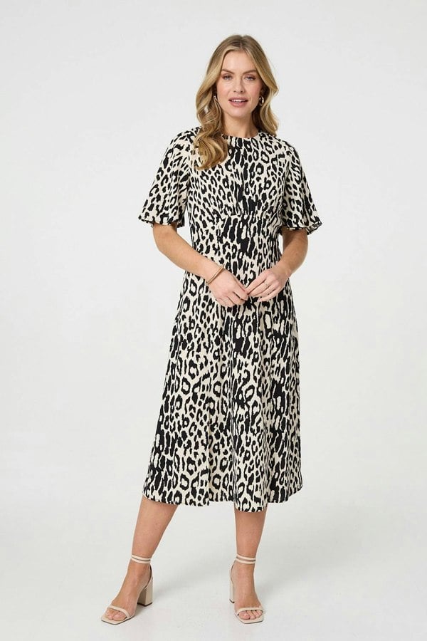 Black | Animal Print 1/2 Flare Sleeve Midi Dress
