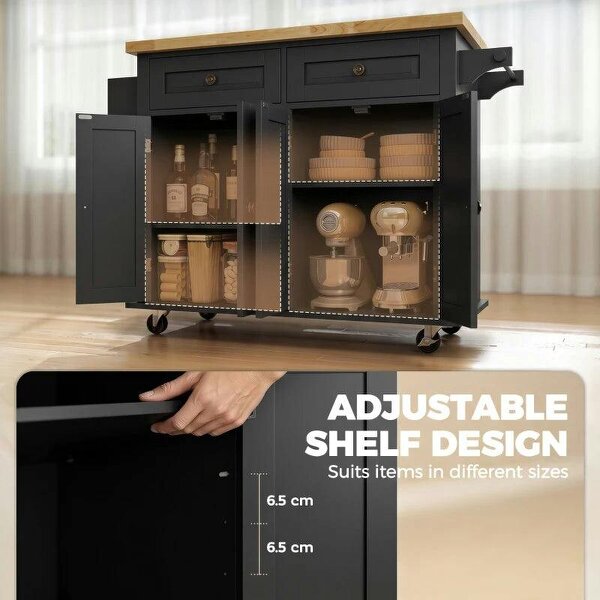 Kitchen Island on Wheels, Rolling Kitchen Trolley with Rubberwood Top, 2 Drawers, Adjustable Shelves, Black
