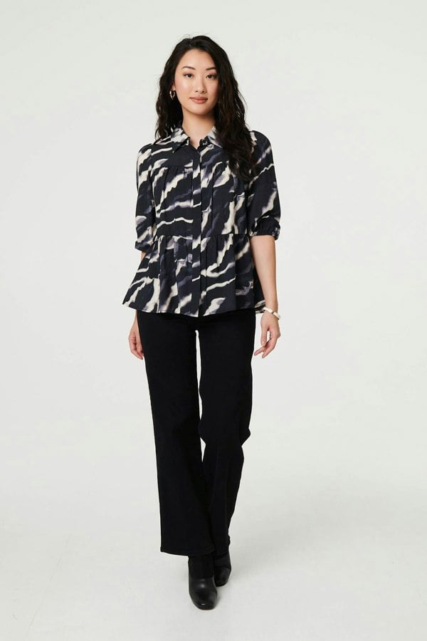 Navy | Marble Print 3/4 Sleeve Ruched Blouse
