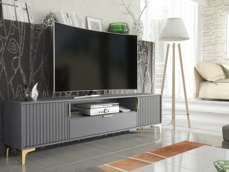 Mex Furniture Luxurious Grey TV Stand with Fluted Doors & Gold Accents – 200cm Media Console