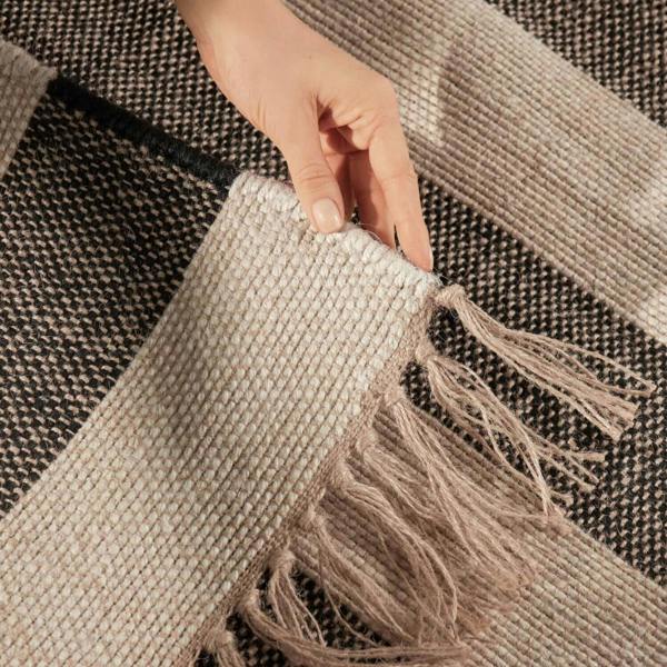 Handloom Jute Rug Natural White Black Fringed, Reversible, Striped Rug