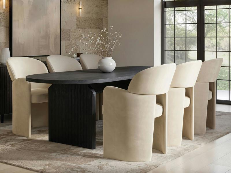 Varm & Estella Black Extendable Dining Table with Velvet Chairs Beige Table + 6 Chairs