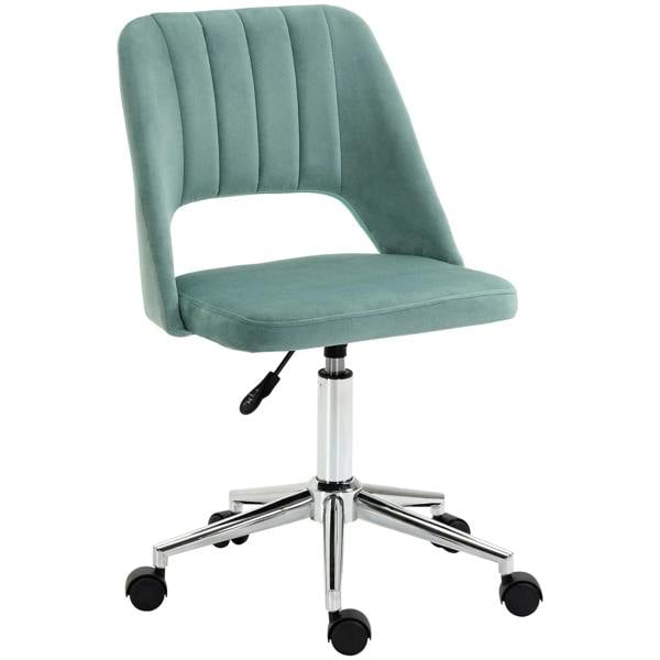 Green velvet mid-back office chair with scalloped back, padded seat, and swivel base