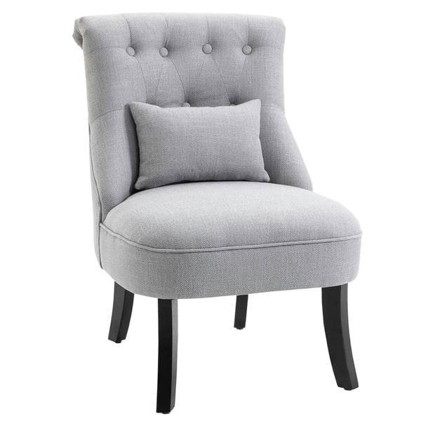 Grey upholstered single dining chair with back tufting, cushioned seat, and square wooden legs