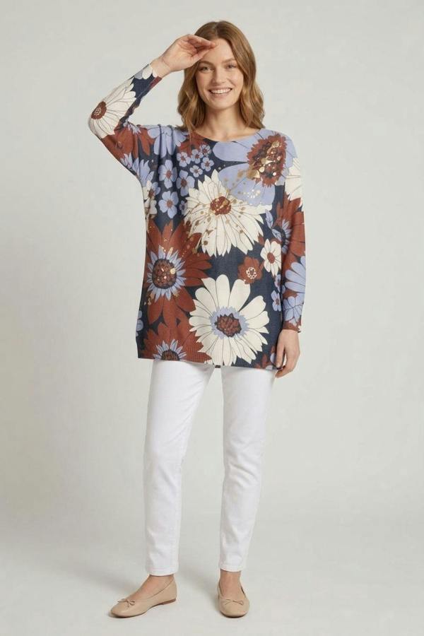 Navy | Floral Metallic Print Boat Neck Jumper