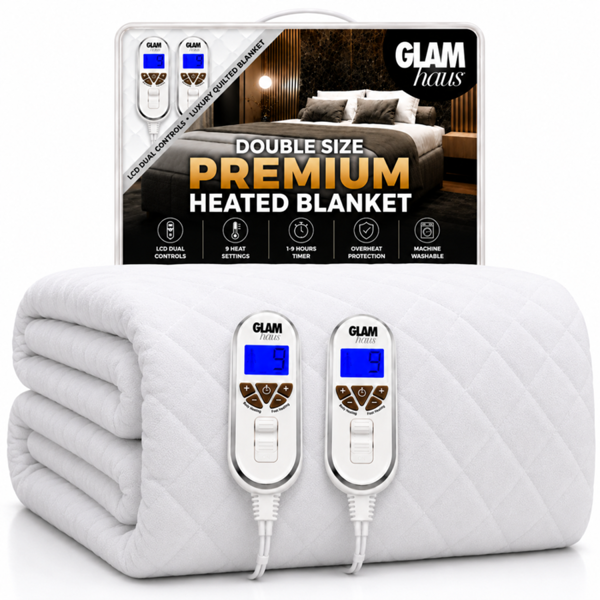 GlamHaus Double Size Electric Blanket - Fitted Mattress Bed Cover - White Diamond Quilted - Settings for Feet and Body, Timer