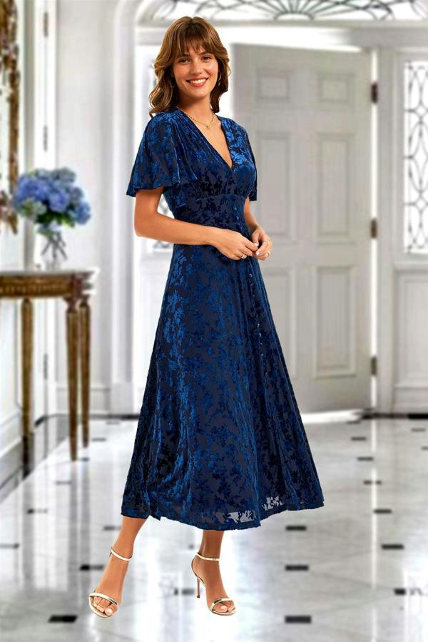 FS Collection Floral Velvet Devore V neckline Dress In Navy
