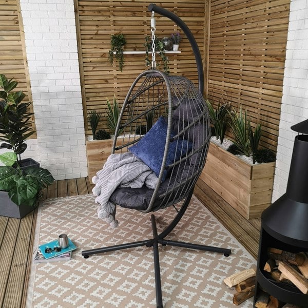 Samuel Alexander Hanging Egg Chair With Stand Waterproof Cover And Cushions Steel Frame Rattan Outdoor Swing Chair - Grey